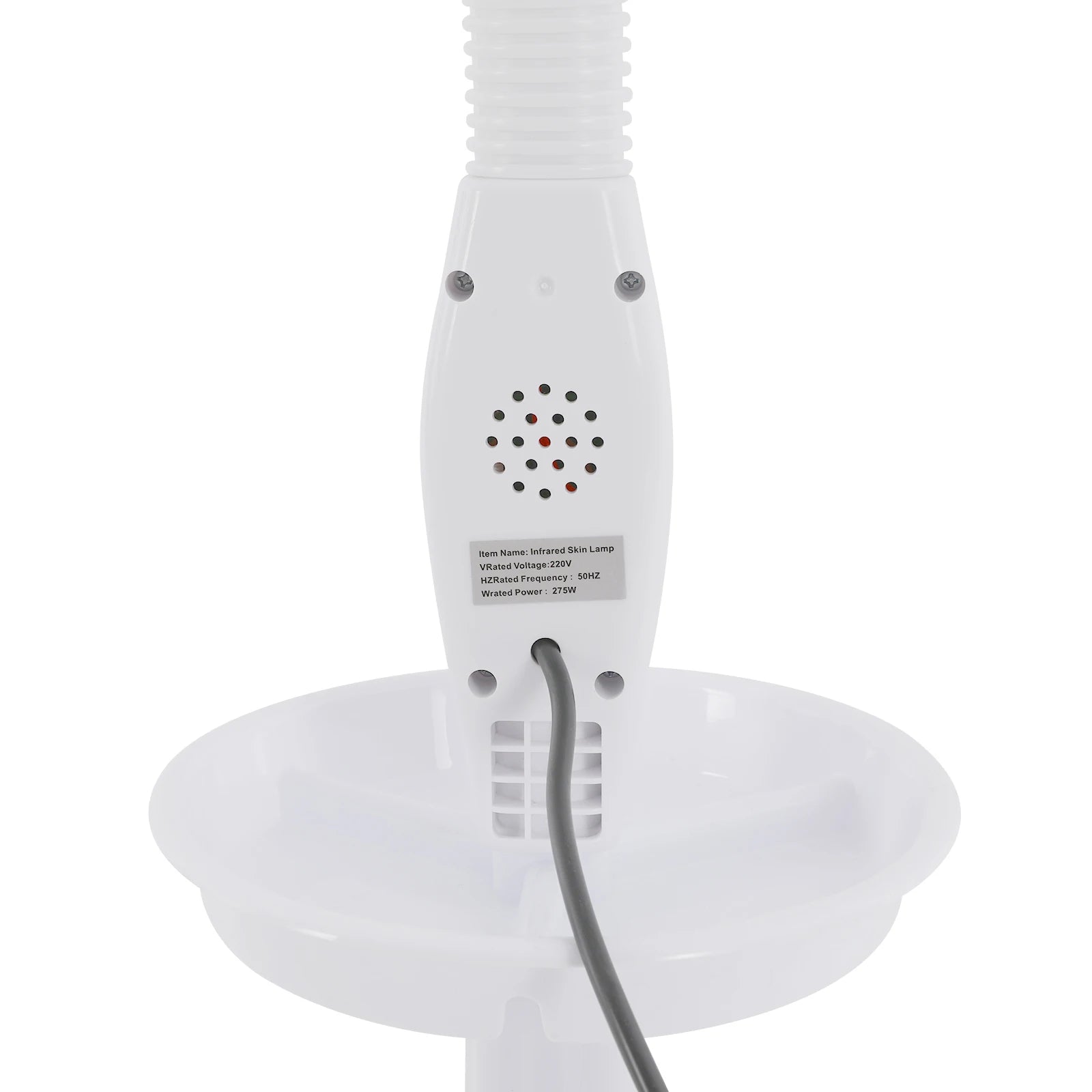 White 275W infrared heat therapy lamp for muscle pain relief featuring adjustable base and technical spec label.