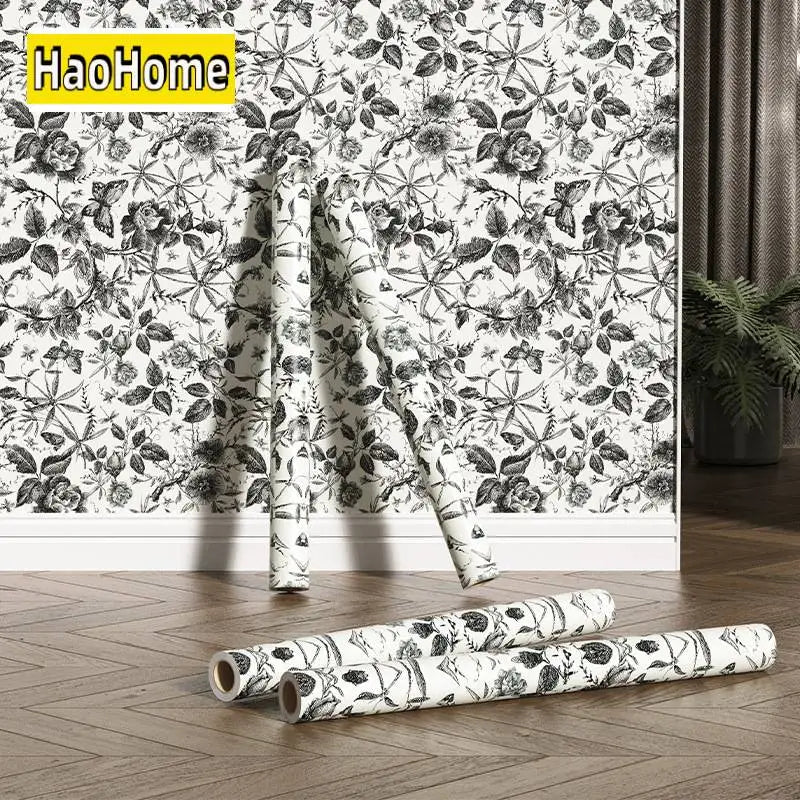 Black-and-white floral peel-and-stick wallpaper roll and sheet, roses and leaf pattern