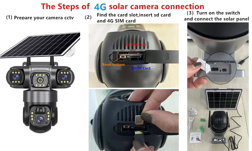 V380 Solar 4G IP Camera Outdoor 12MP 6K Triple Lenses Triple Screens Security Video Monitor Night Vision Waterproof CCTV Cameras