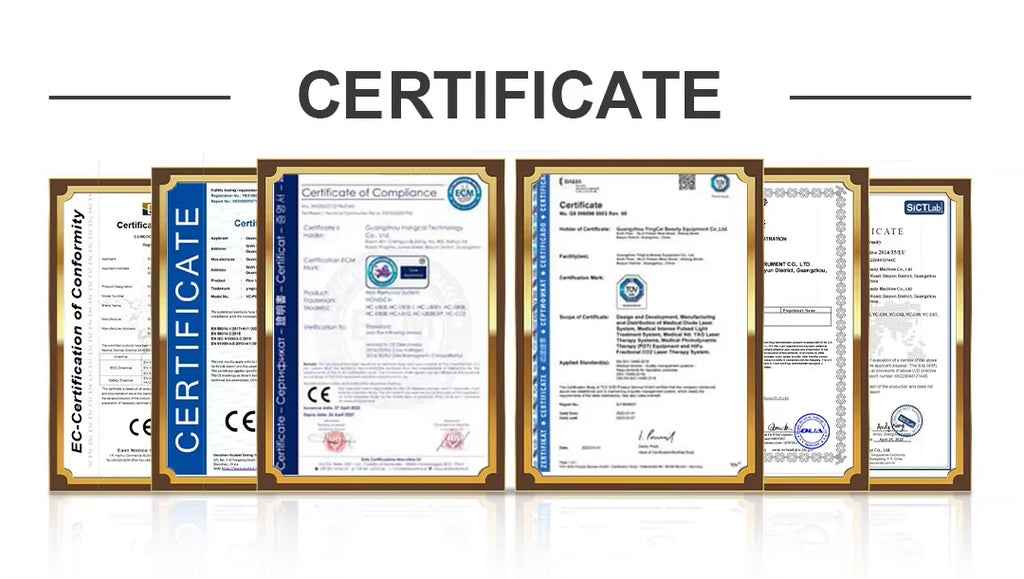 Group of product quality compliance certificates for 3-in-1 nano vacuum mesotherapy face lifting beauty device.