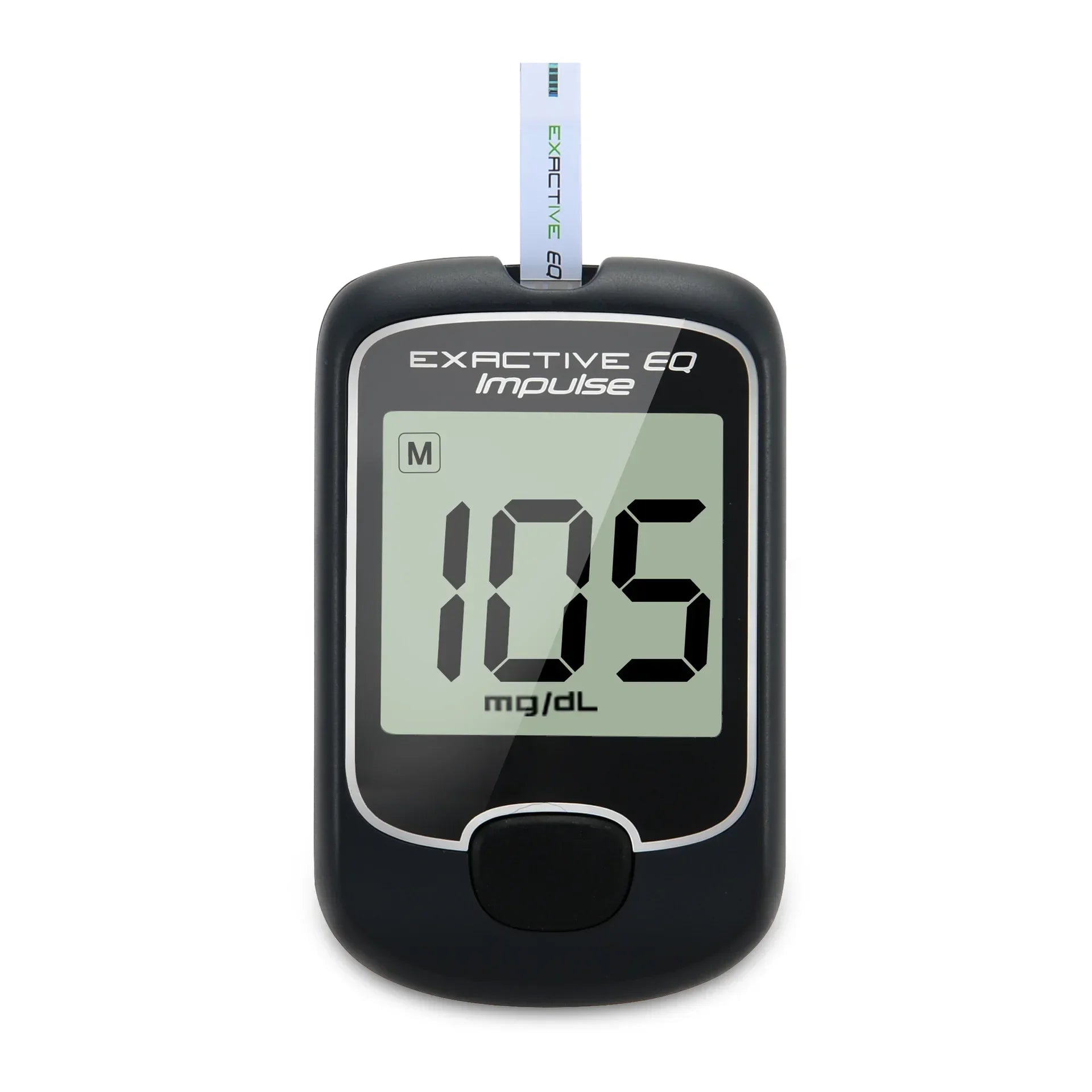 Exactive EQ Impulse blood glucose meter with test strip displaying 105 mg/dL on digital screen, black handheld device.