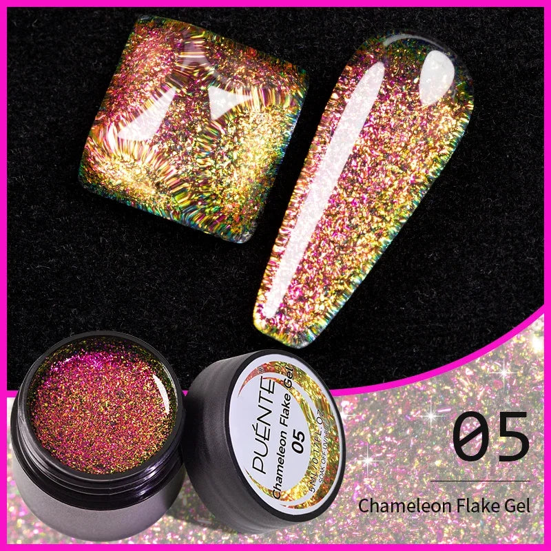 Chameleon flake gel polish, color 05, showing shimmering pink and gold metallic flakes on display nails and in a pot.