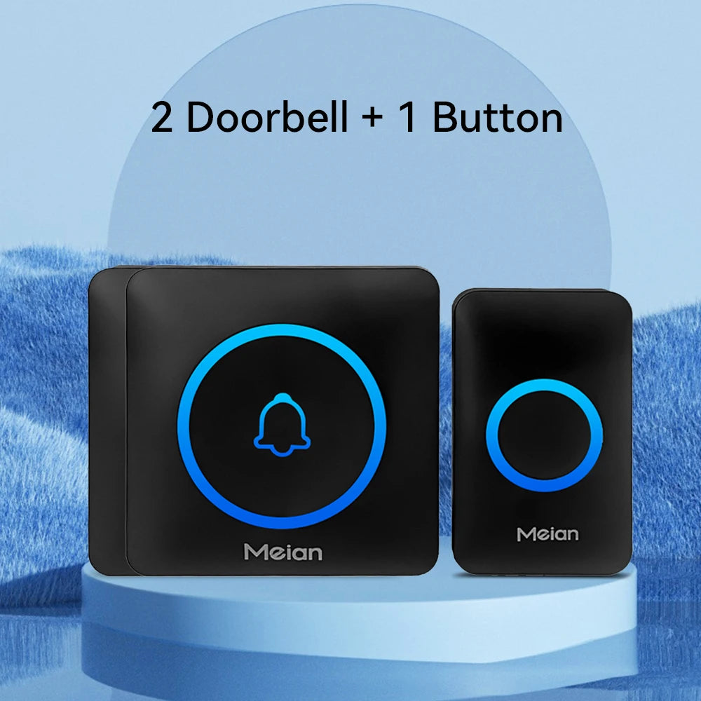 Meian wireless doorbell set, black two-door chime units and one button with blue ring bell