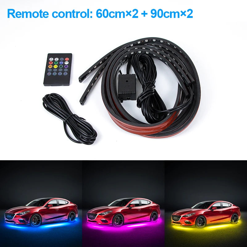 LED car underglow light strips (two 60cm and two 90cm) with a black controller and wireless remote for color control.