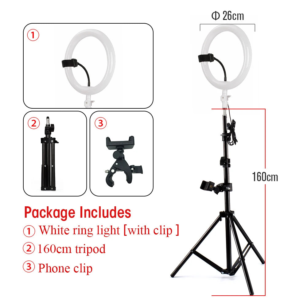 26cm white LED ring light with a phone clip and a 160cm black metal tripod stand for photography and video recording.