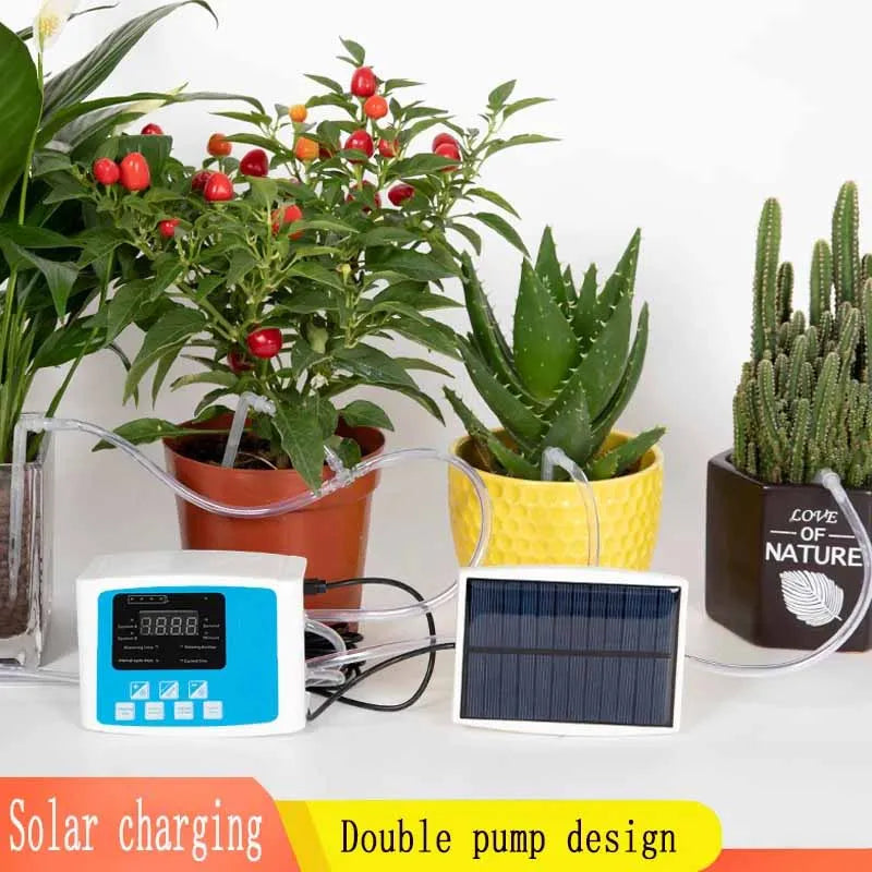 Solar irrigation timer controller with solar panel and drip lines for potted plants