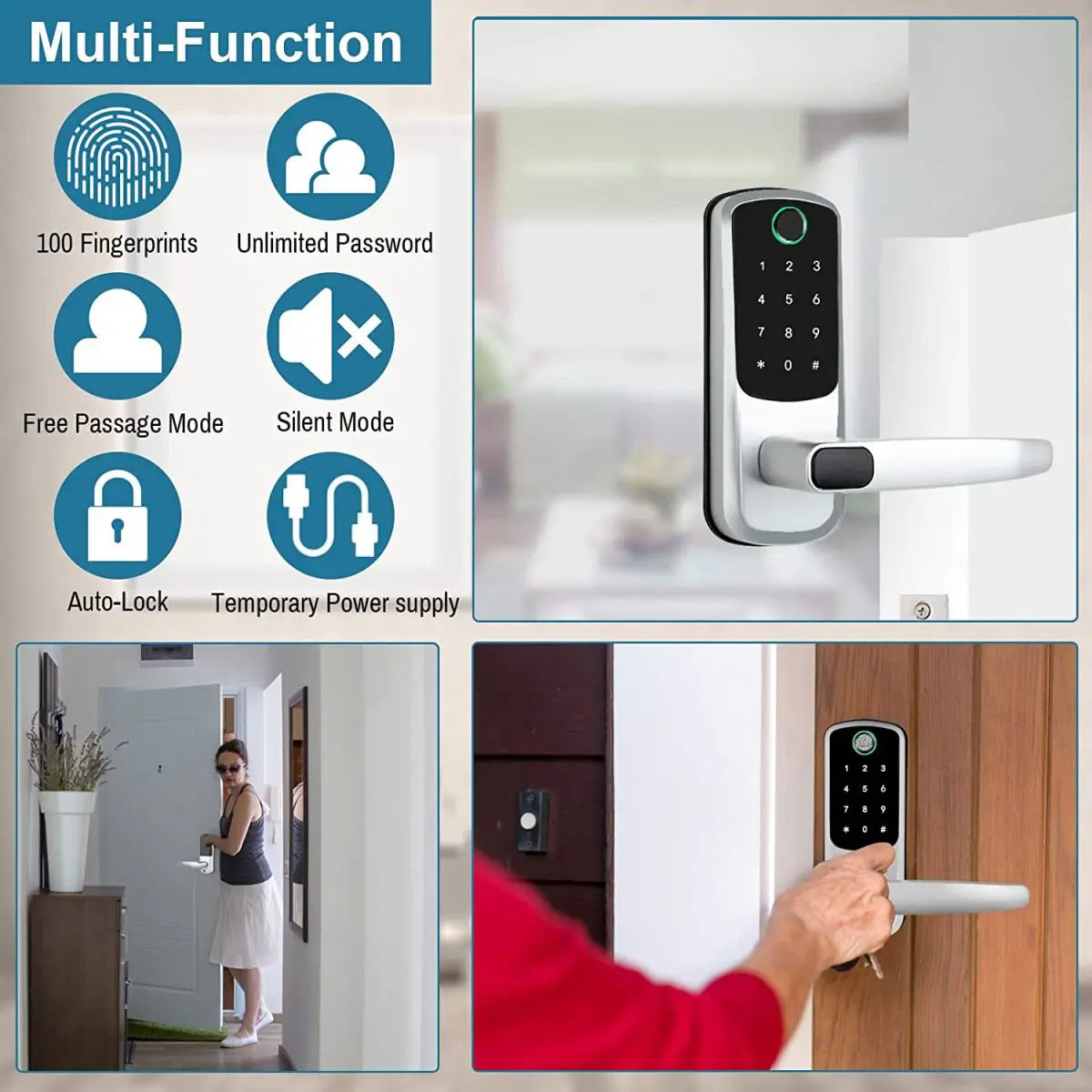 Wifi Smart Door Lock With APP/ Biometric Fingerprint / Password /Smart Card /Key Unlock/ USB Emergency Charger Electronic Lock