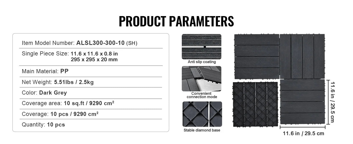 SucceBuy  Interlocking Deck Tiles Plastic Waterproof Outdoor Flooring All Weather Use Patio Floor for Porch Poolside Dark Grey