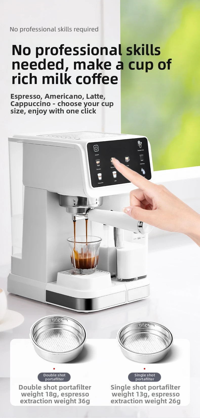 White one-click espresso machine with touch panel, portafilter, and milk frother for easy home coffee brewing.