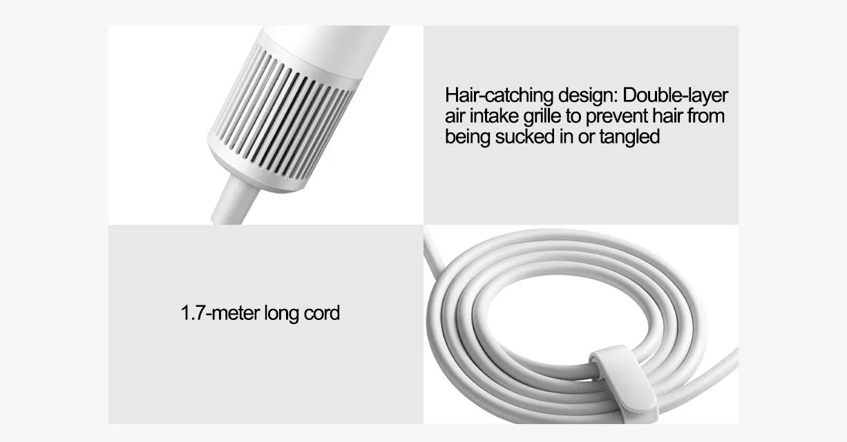 MIJIA H501 SE hair dryer with anti-tangle air intake grille and 1.7m power cord for professional hair care.