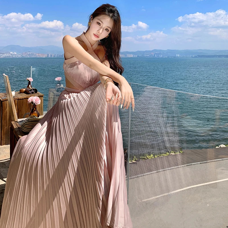 New Sexy Club Birthday Party Pleated Robe Long Dresses Women Summer Halter Neck Sleeveless Off The Shoulder Holiday Beach Dress
