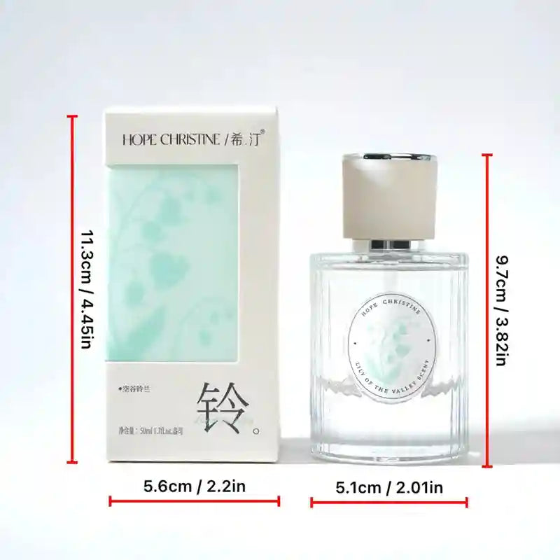 HOPE CHRISTINE Lily of the Valley EDT. Fresh floral perfume for women in a round ribbed glass bottle with white cap.
