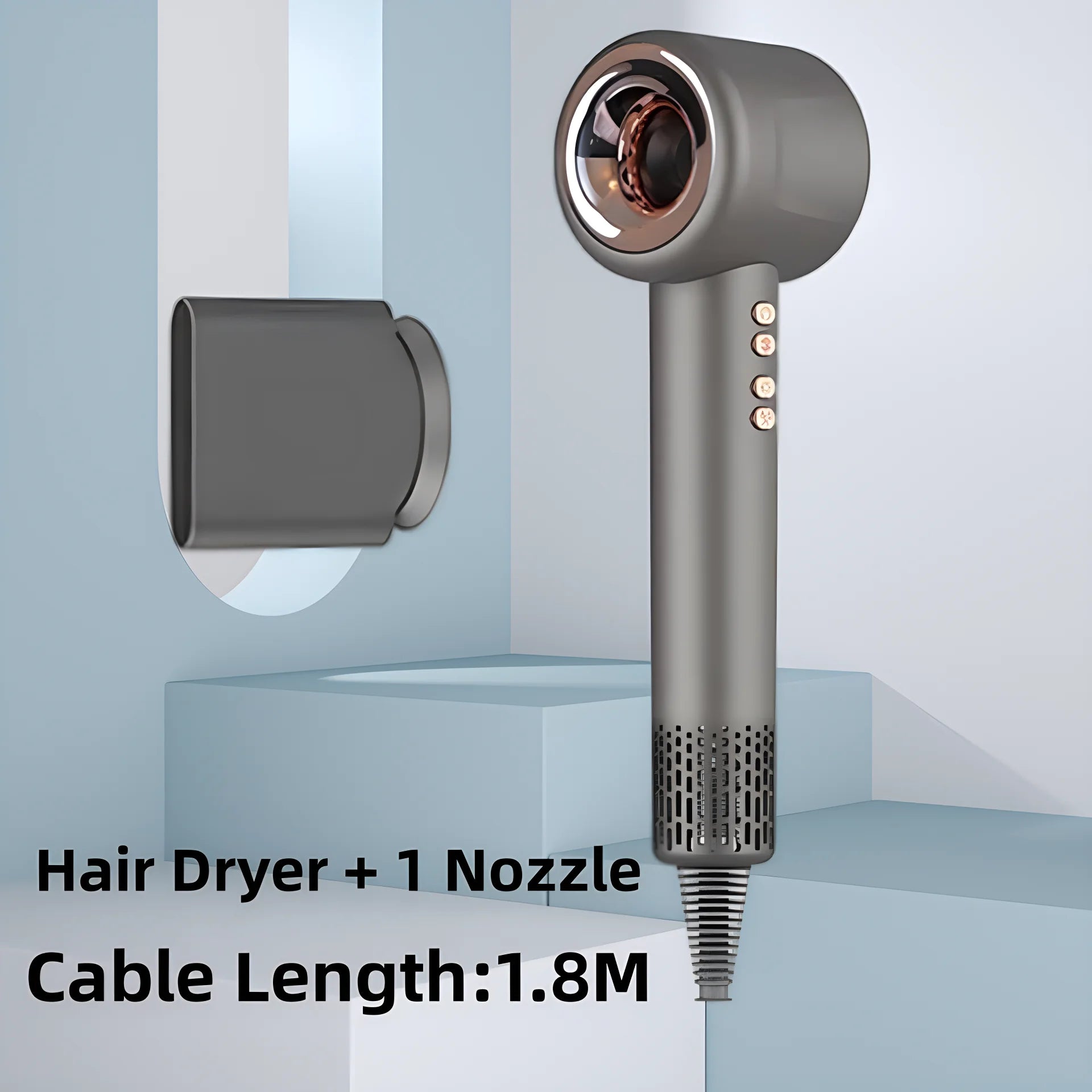 Grey 1600W silent negative ion hair dryer with nozzle attachment, constant temp design for professional styling.