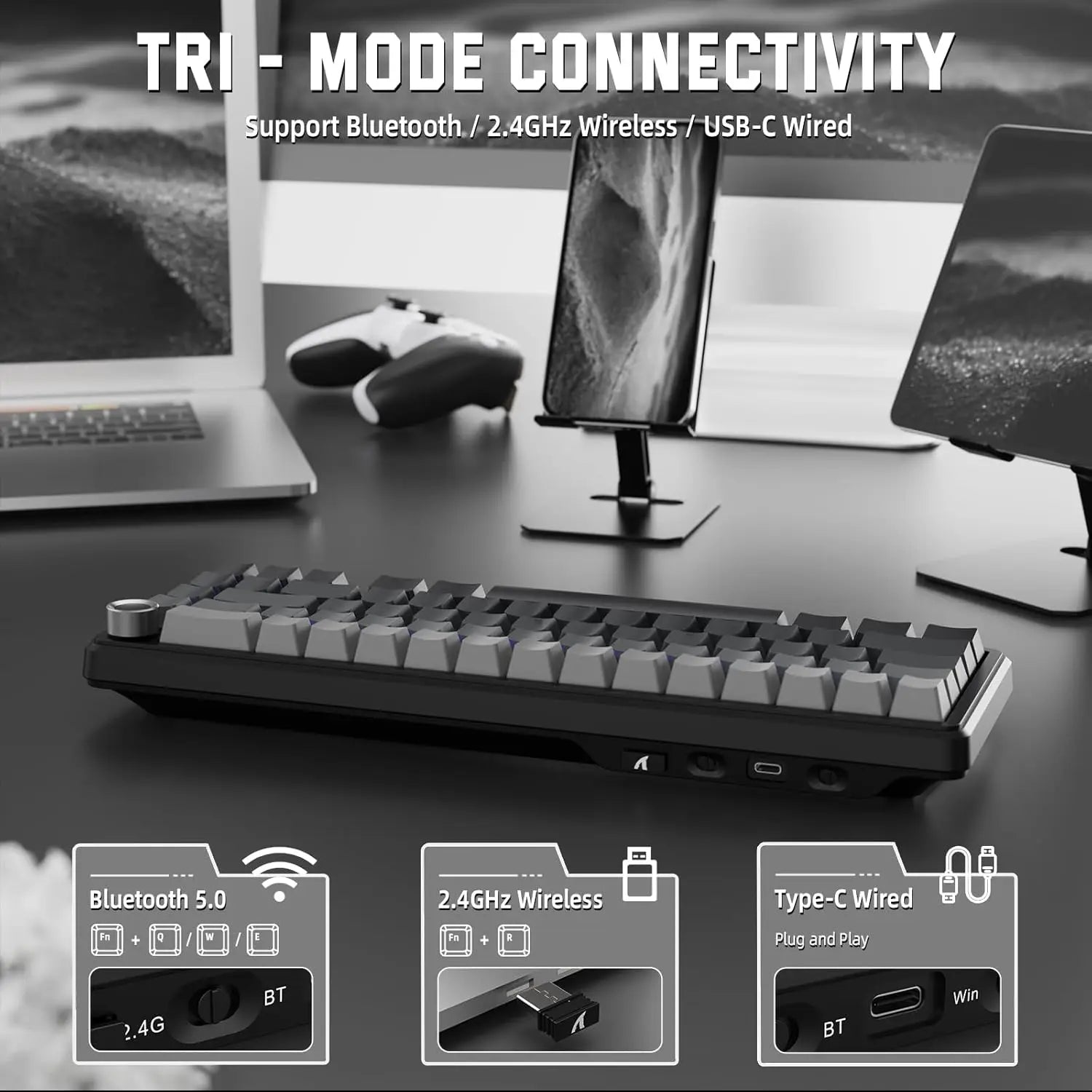 ATTACK SHARK X66 65% Wireless Mechanical Keyboard with Knob, 66 Keys Gasket Hot Swap RGB Gaming Keyboard, Linear Switch,