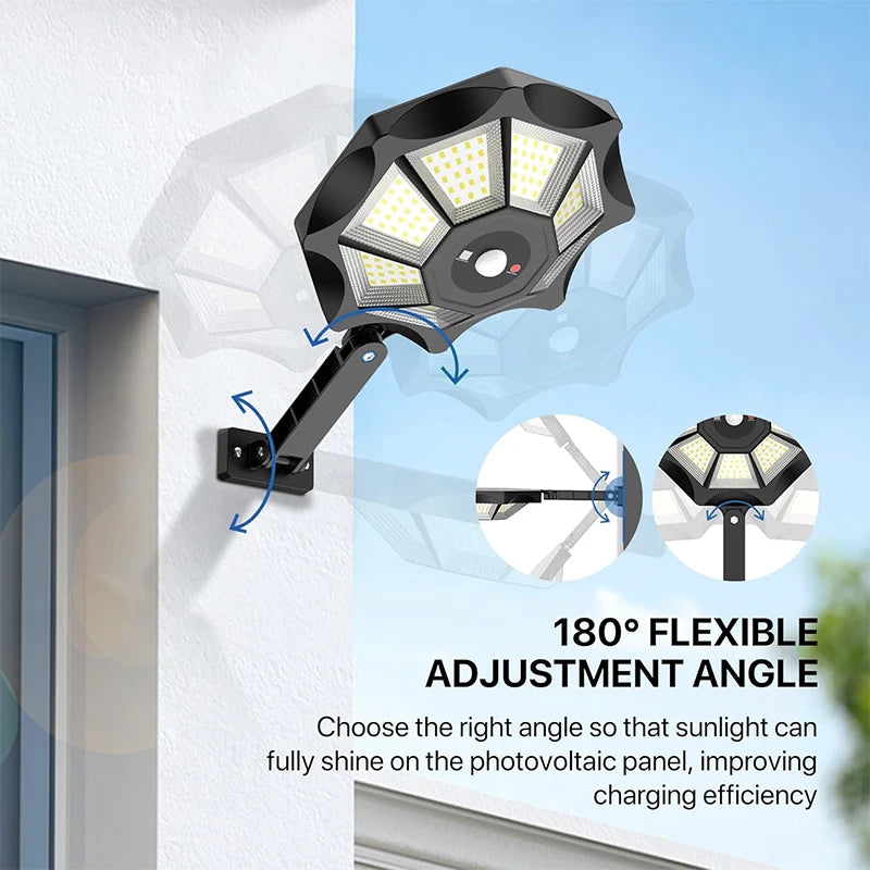 Solar Lights Outdoor 168LED 360° Adjustable Flood Light Dusk to Dawn 8 Sides Solar Outdoor Lights with Motion Sensor IP66 Waterproof Solar Street Lights Outdoor for Yard Pools