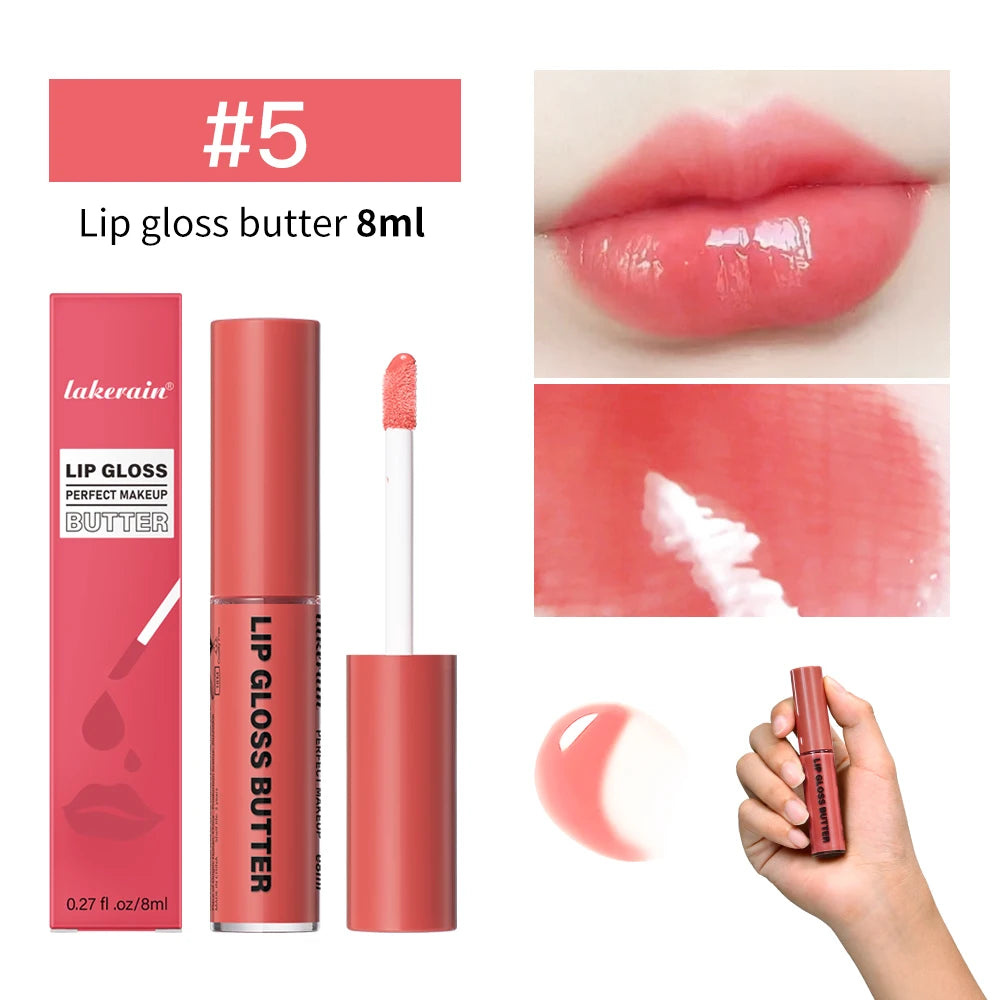 Non-stick butter lip gloss in shade #5, featuring a moisturizing, mirror-like finish and long-lasting pink pigment.
