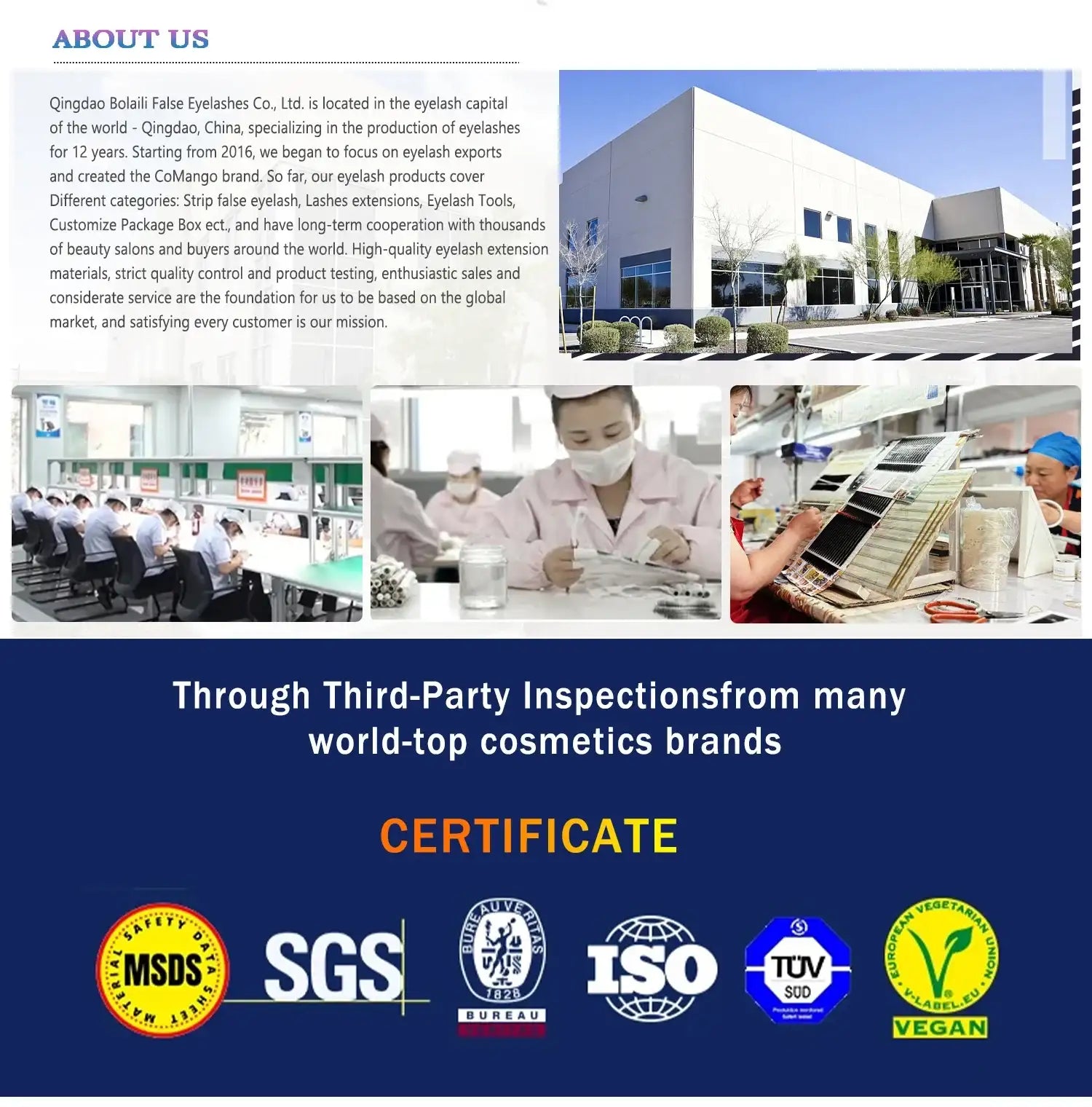 Factory facility, workers assembling lashes, and quality certification logos including MSDS, SGS, ISO, and Vegan.