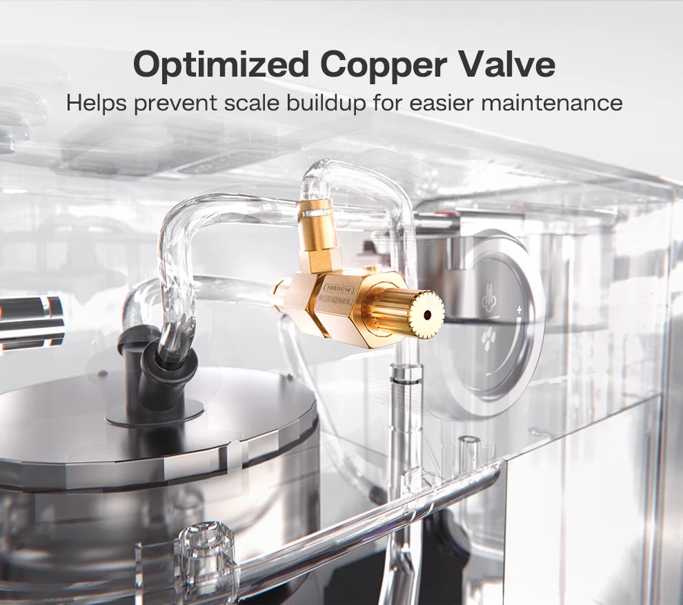 HiBREW espresso machine internal view showing gold-colored copper valve for scale prevention and clear tubing.