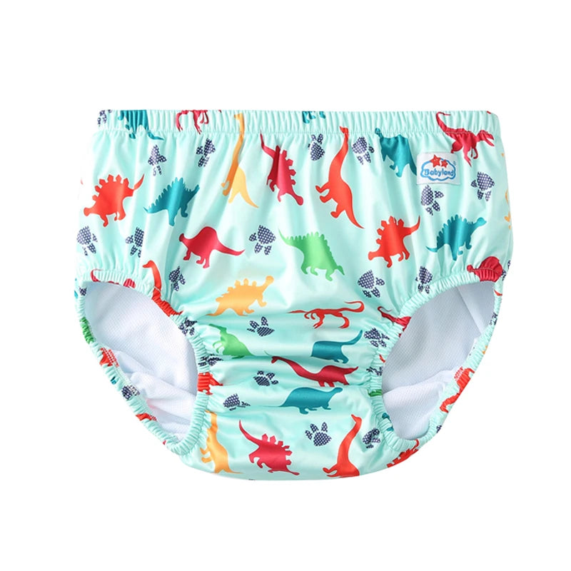 Babyland baby swim diaper with colorful dinosaur print on a light blue background. Adjustable cloth diaper for infants.
