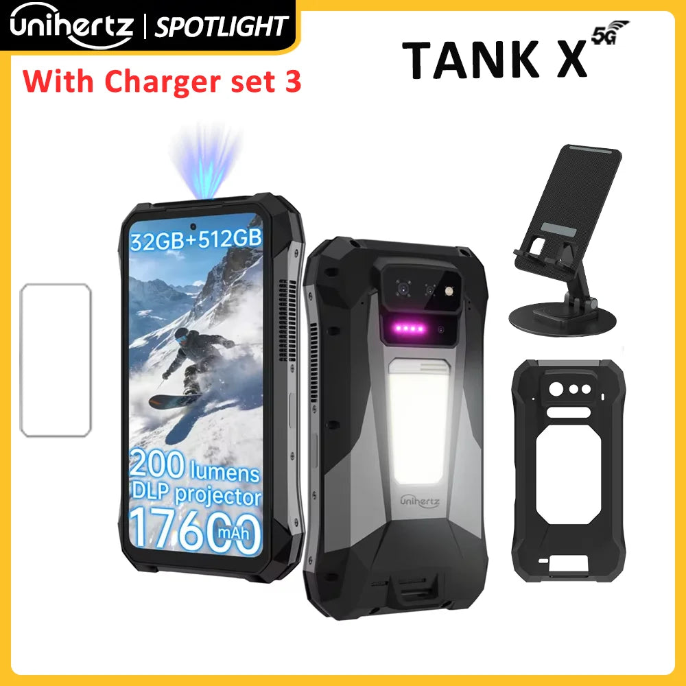 Unihertz TANK X 8849 5G Smartphone 32+512GB Built-in 1080P 220 lumen Projector 50MP+64MP Camara Android 15 17600mah Battery NFC