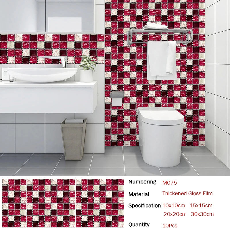10pcs Flat Mosaic Style Tiles Sticker Kitchen Bathroom Waterproof & Oilproof Art Wall Sticker Peel & Stick Surface Glossy Film