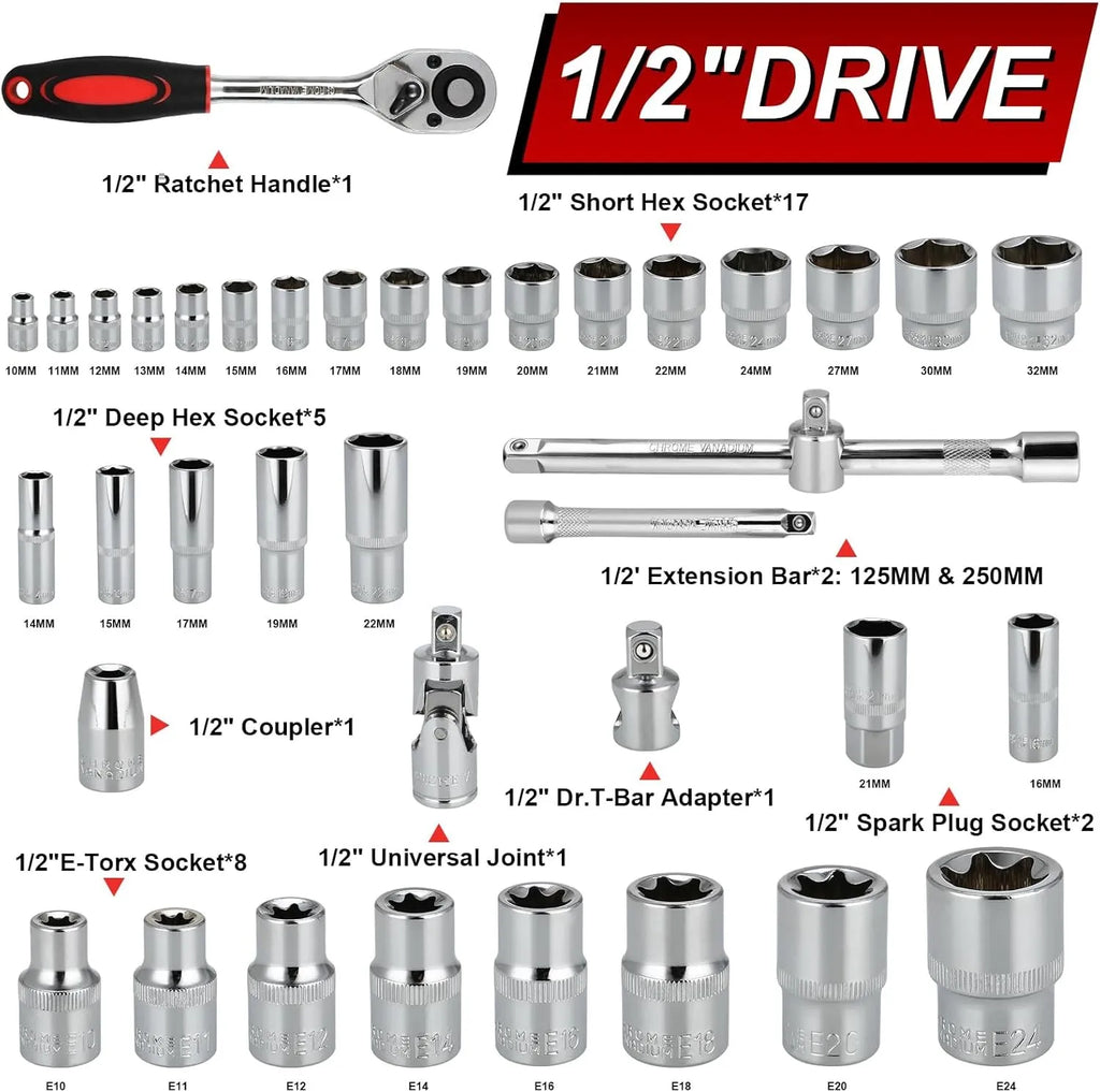 108-Piece Socket Spanner Set Cr-V Ratchet Wrench Set Ratchet Box with 1/4 &1/2 Inch 72 Teeth Reversible Ratchet Hexagonal Socket