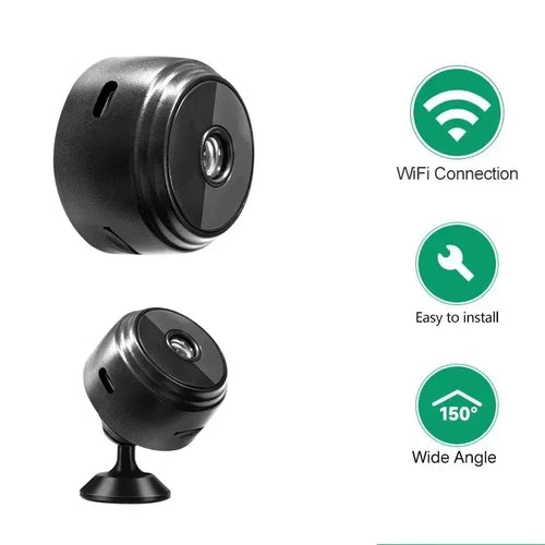 Black mini WiFi surveillance camera, dome head with front lens and pedestal base.