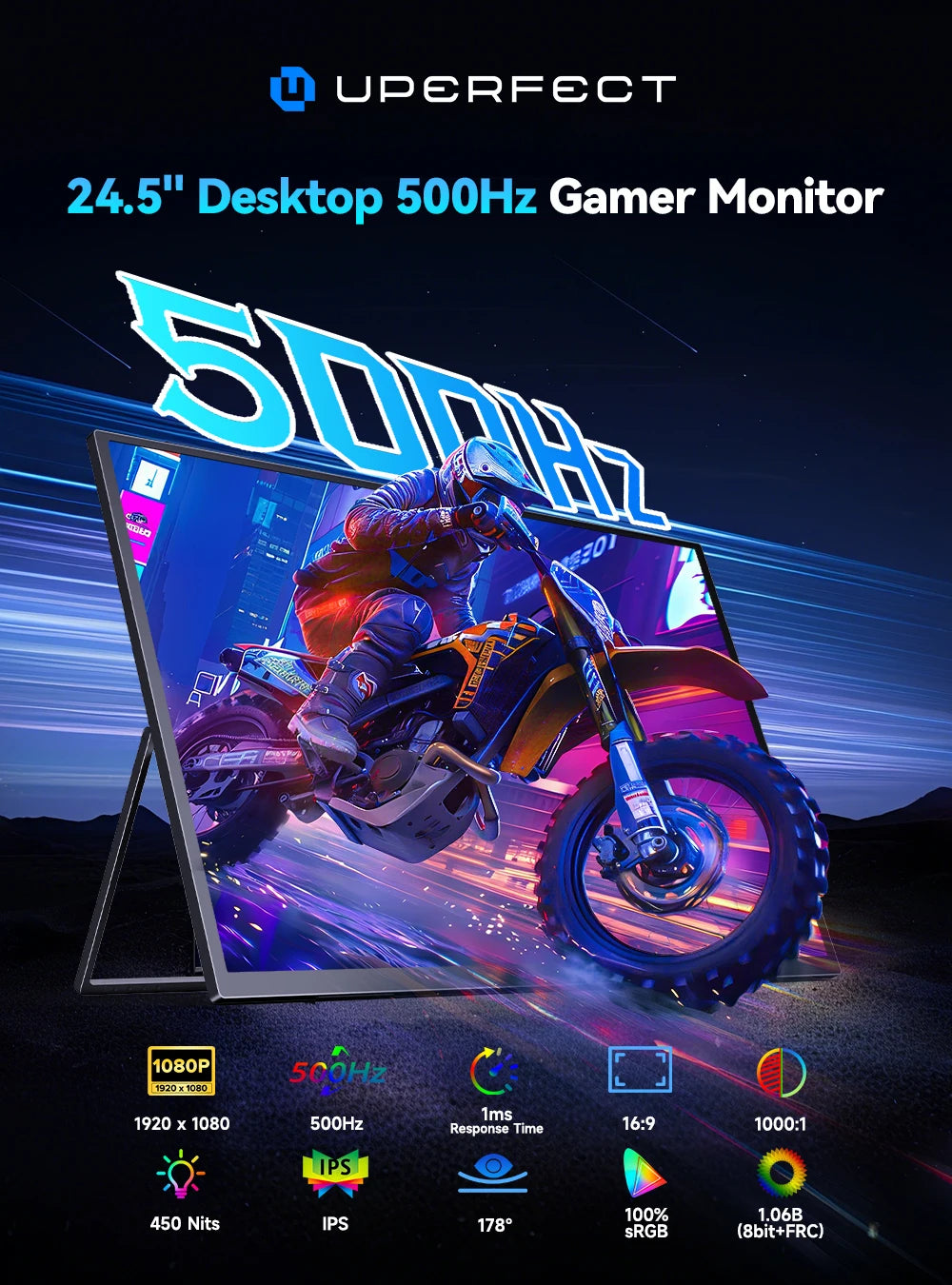 UPERFECT 24.5'' 500Hz Portable Monitor 16:9 IPS Screen Gaming Monitor With Type-C Mini HDMI Second Display For MAC Laptop PC PS5