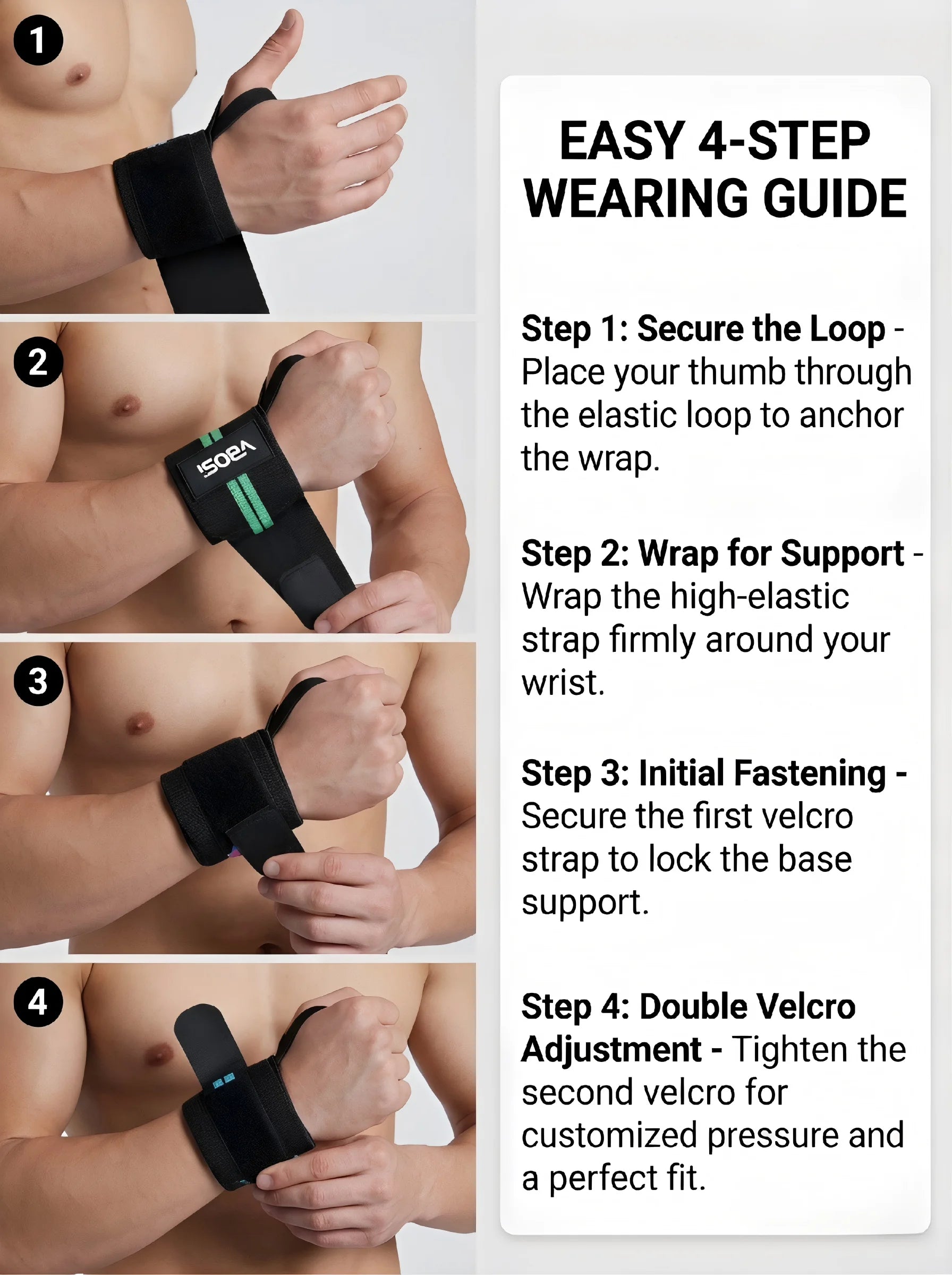 VBOSI Adjustable Wrist Support Brace with Thumb Loop,Heavy Duty Wrist Wraps for Powerlifting, Weight Training&Injury Prevention