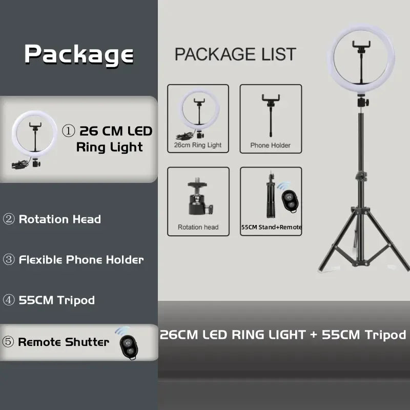 26cm LED ring light kit with a 55cm tripod stand, phone holder, rotation head, and wireless remote for photography.