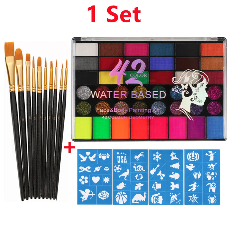 Tidesmit 42 color water soluble face body paint kit featuring neon glow shades for festival halloween makeup art