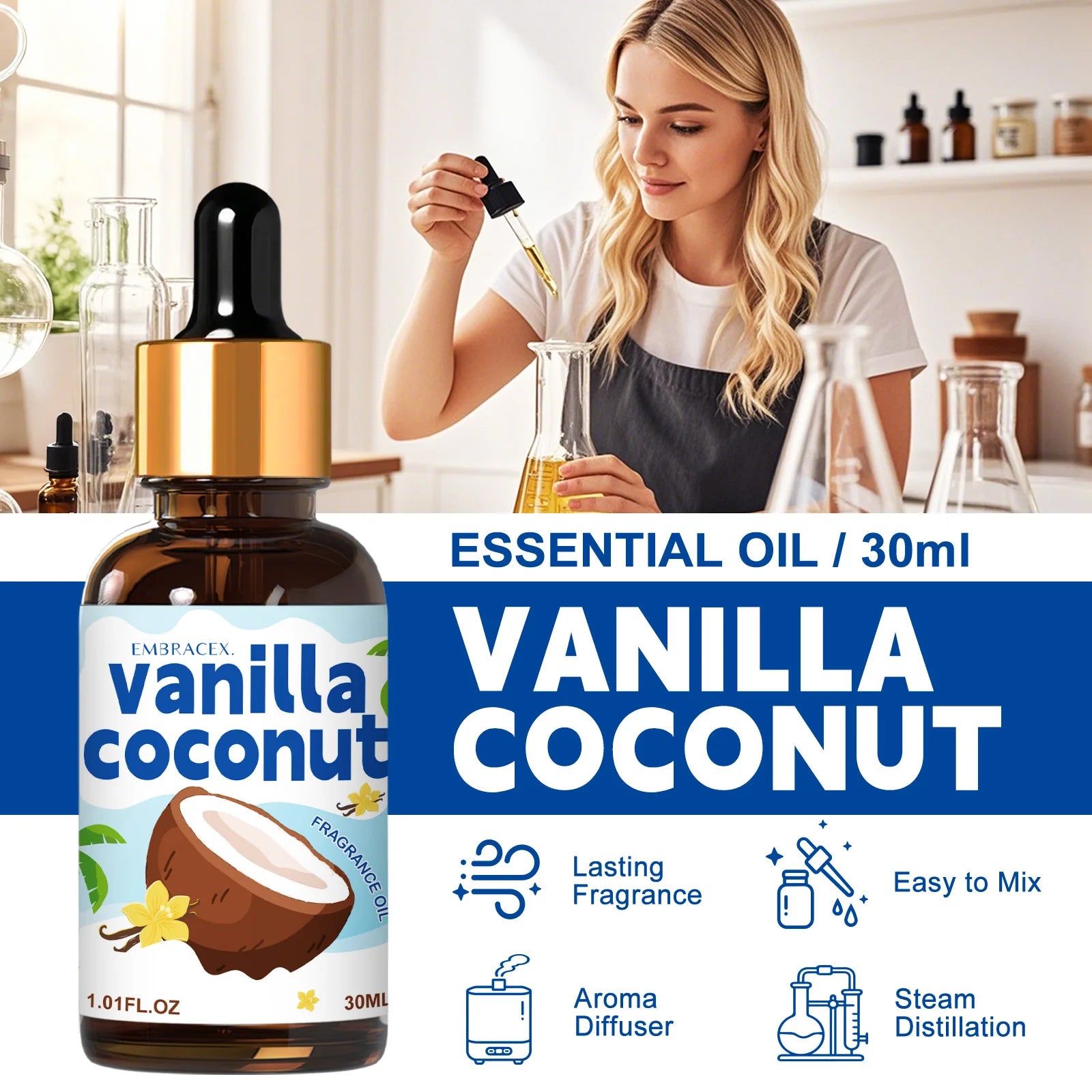 30ml Vanilla Coconut Essential Oil For Diffusers, Car Air Freshener Oil DIY Projects, Candle Making Long Lasting Scent, Gifts