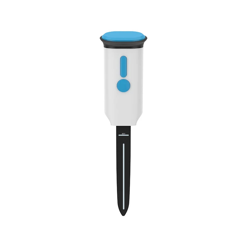 WiFi smart soil sensor, white body with blue top and black planting stake