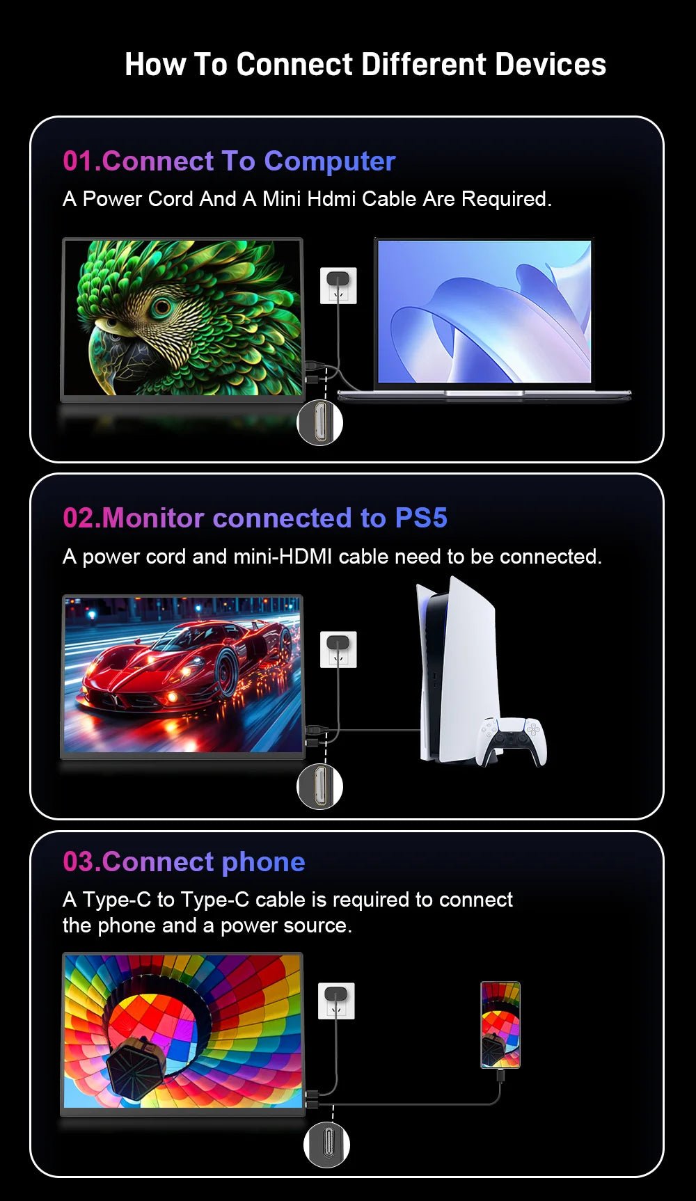FORZOLA 16" 2K OLED Portable Monitor 120hz Gaming Display 100% DCI-P3 Laptop External Screen USB-C HDMI For Mac PC Mobile Phone