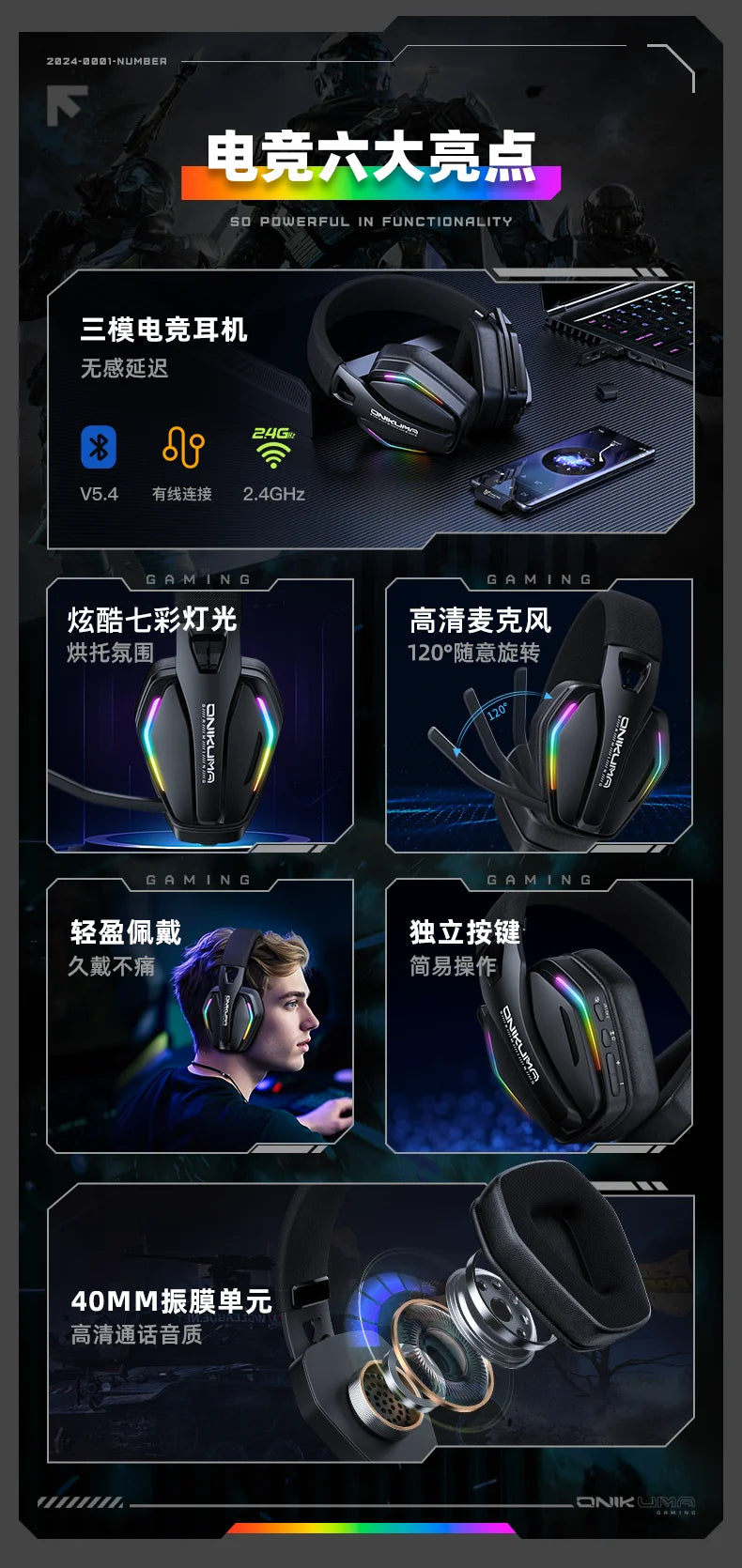 Tidesmit GT826 Wireless Over-Ear Gaming Headphones with Bluetooth 5.3 Tidesmit