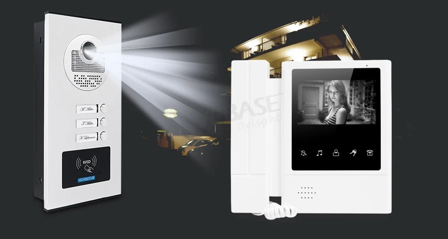 4.3" Hands-free Video Door Phone Intercom System for 3 Families RFID Outdoor Unit 3 Monitors Wired Doorbell Home Access Control