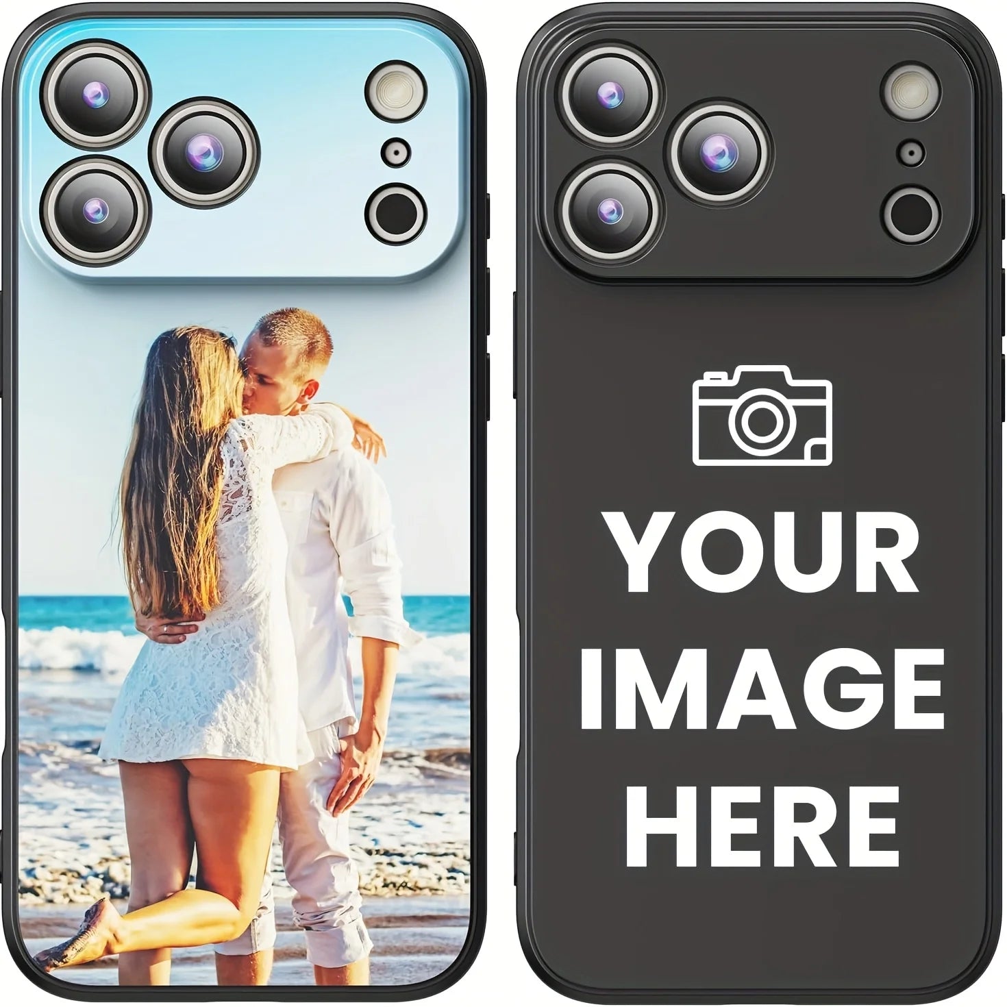 Customizable phone case with camera cutouts; one shows a photo of a couple, the other a placeholder for personalization.