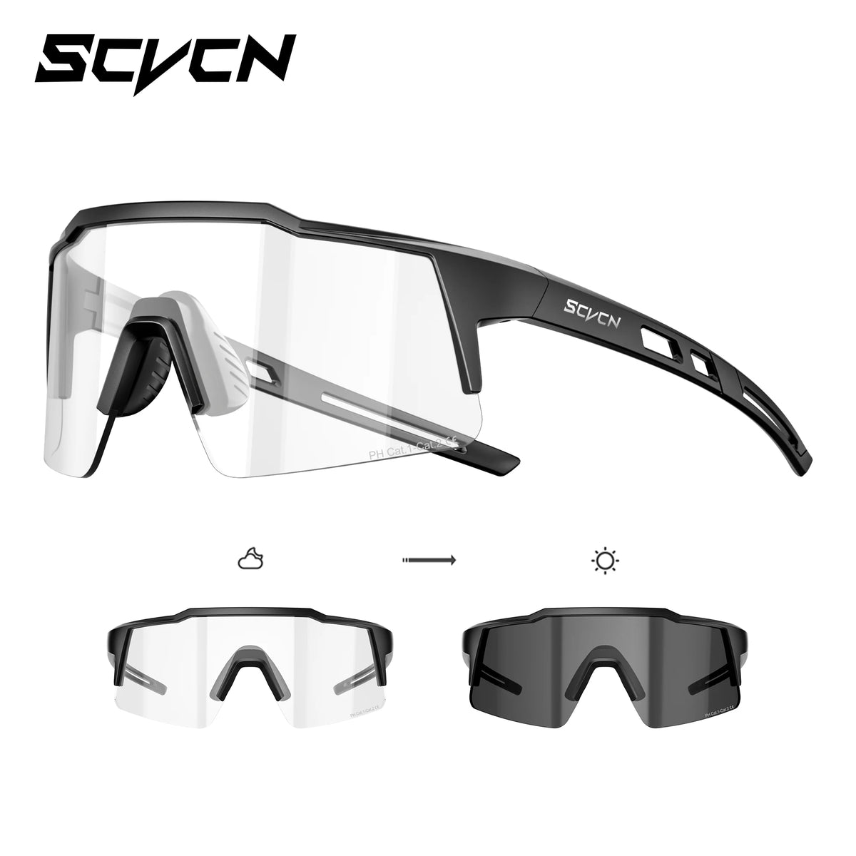 Black half-frame cycling sunglasses with clear lenses and side vent cutouts