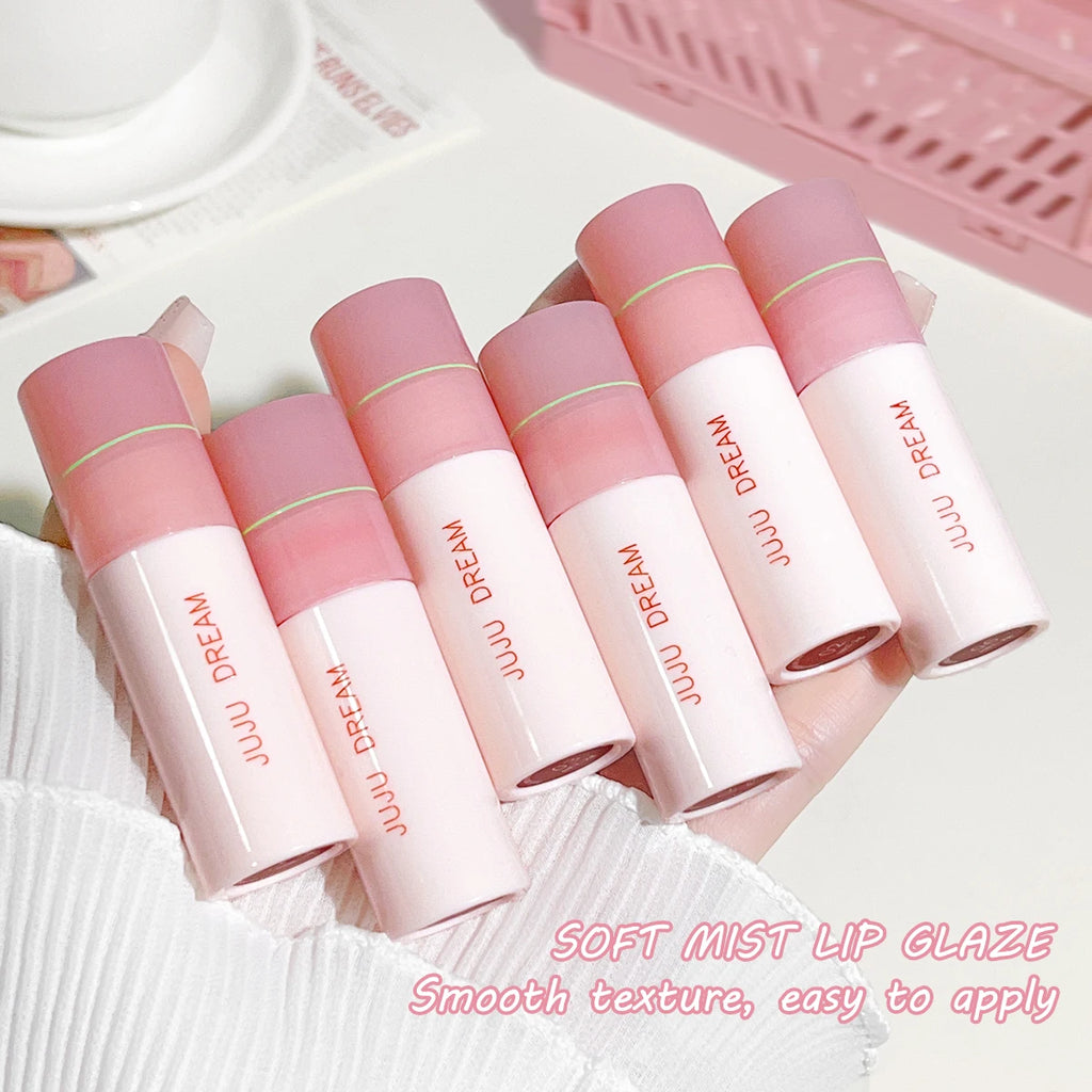 JUJU DREAM 6-color matte lip glaze set in pastel pink tubes. Long-lasting, velvet texture, non-stick lip makeup.