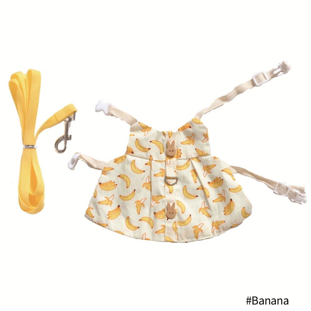 Cute banana print rabbit vest and harness set with yellow leash for safe outdoor walking for bunnies and guinea pigs.