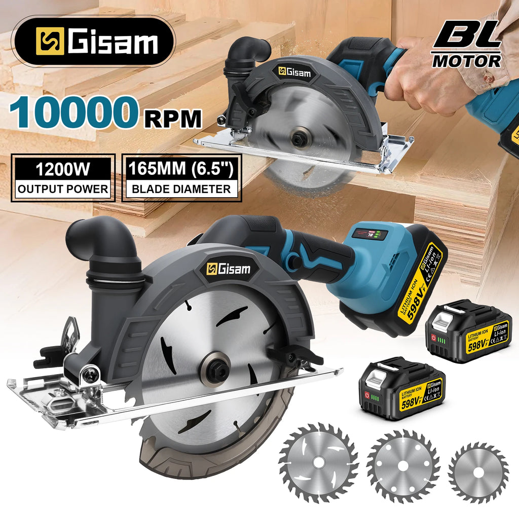 Gisam 165mm 10000RPM Brushless Electric Circular Saw Cordless Adjustbale Angle Woodworking Power Tool For Makita 18v Battey Pins