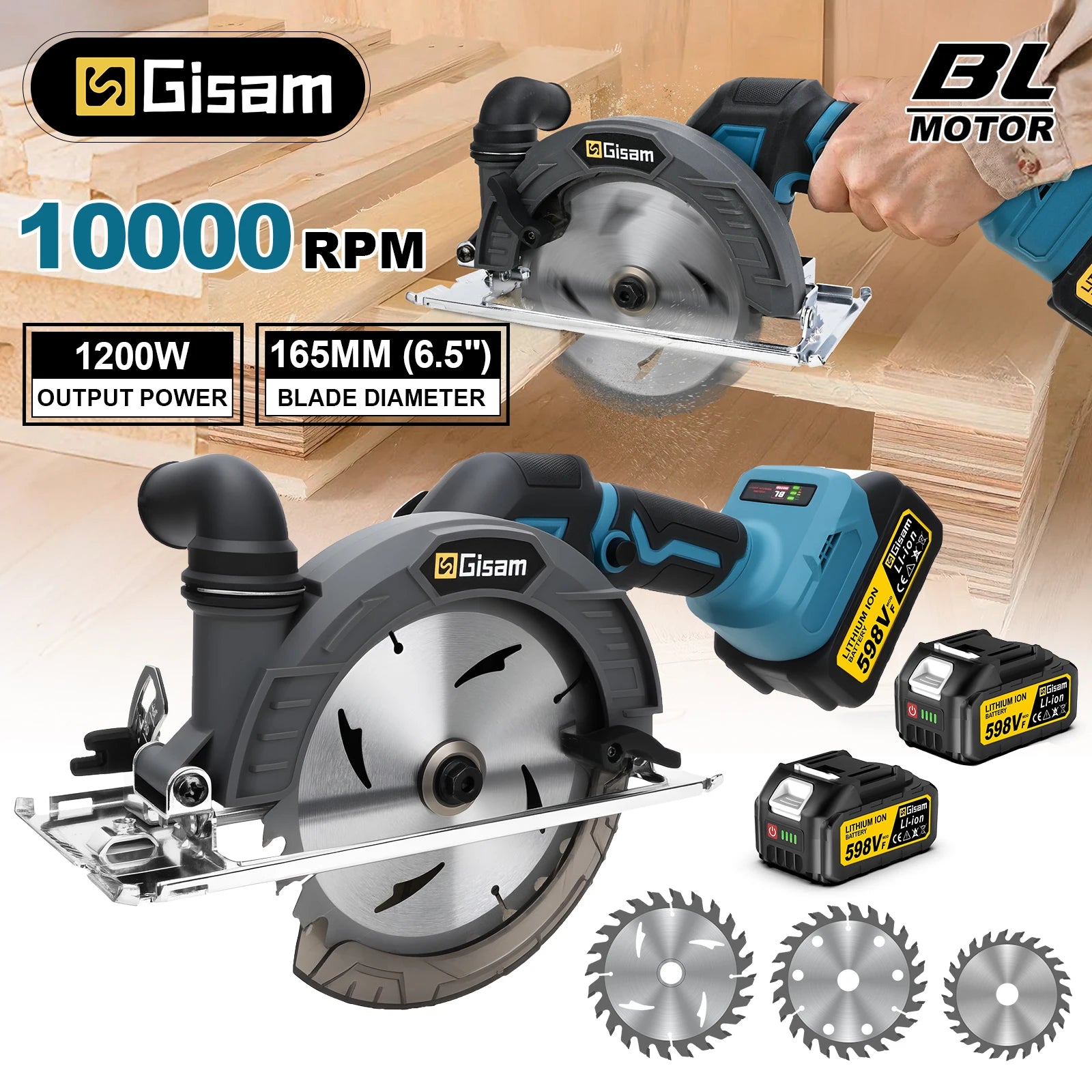 Gisam 165mm 10000RPM Brushless Electric Circular Saw Cordless Adjustbale Angle Woodworking Power Tool For Makita 18v Battey Pins