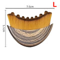 Crescent-shaped contouring brush with dense gold bristles and a dark, wood-grain patterned handle, showing dimensions.