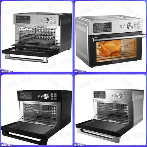 Black electric air fryer oven with open door and metal racks