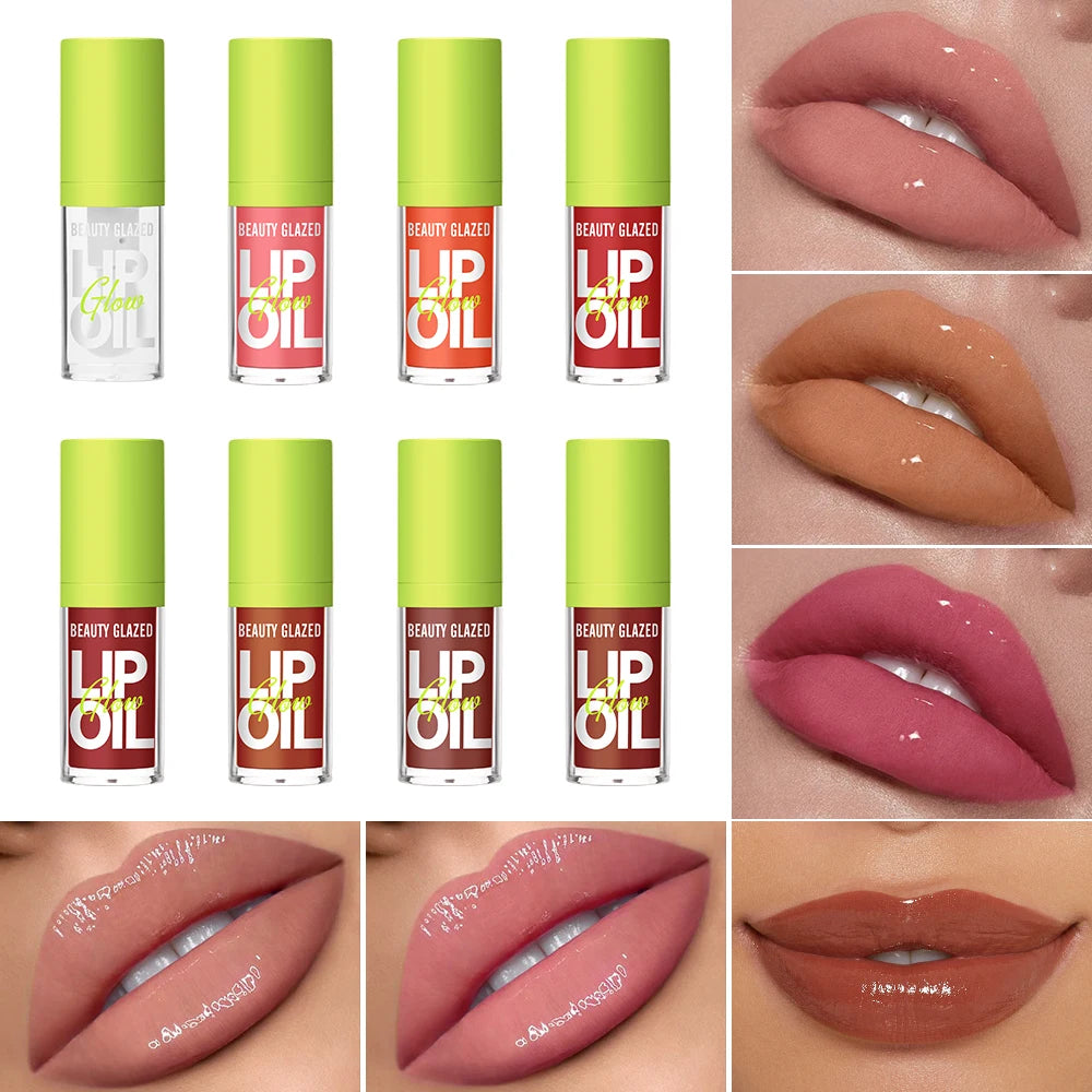 8 colors of moisturizing candy lip gloss with a lustrous mirror finish and natural nude lip stain makeup effect.