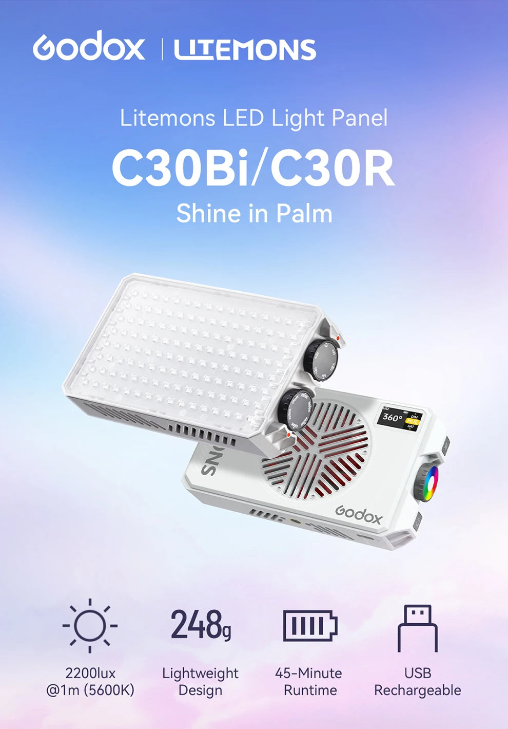 White handheld LED light panel for photography and video, featuring a cooling fan, control dials, and USB charging.