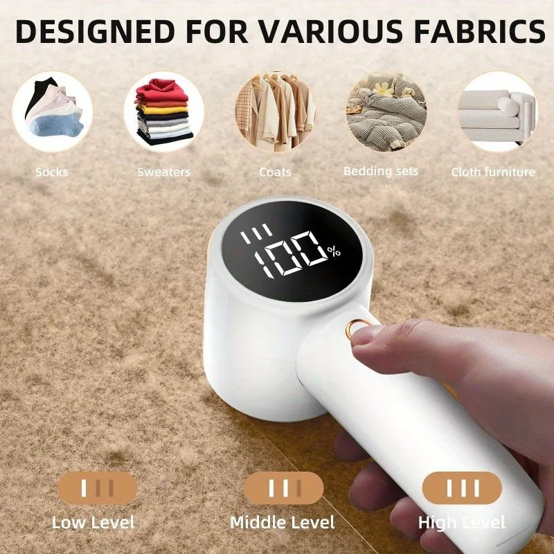 Tidesmit rechargeable fabric shaver showing 6-blade lint remover head and digital LED display for clothes care