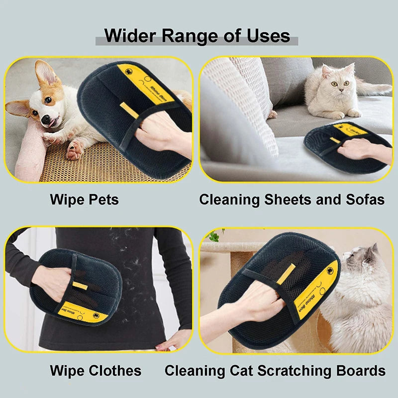 Black and yellow electrostatic pet hair removal glove cleaning fur from clothes, sofas, and pets. Easy-to-use 2025 model.