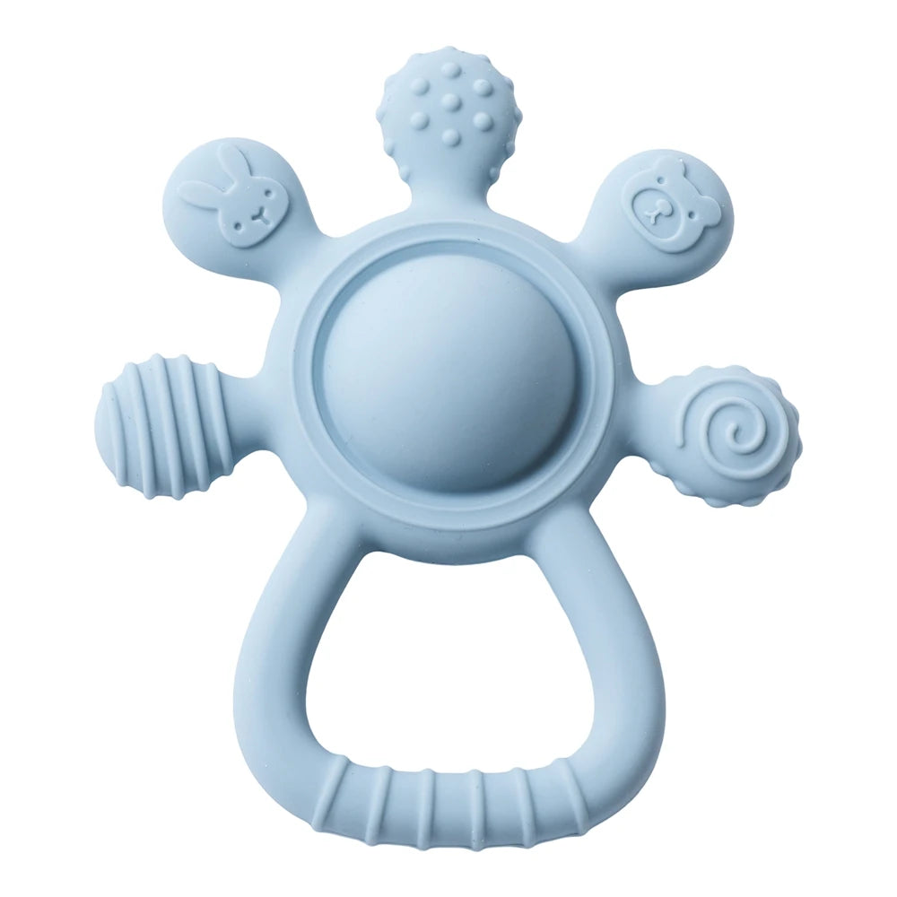 Light blue silicone baby teething toy with textured surfaces for soothing infant gums.