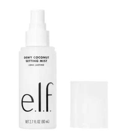 e.l.f. Dewy Coconut Setting Mist in a white spray bottle with cap, 80ml long-lasting hydrating face makeup spray.